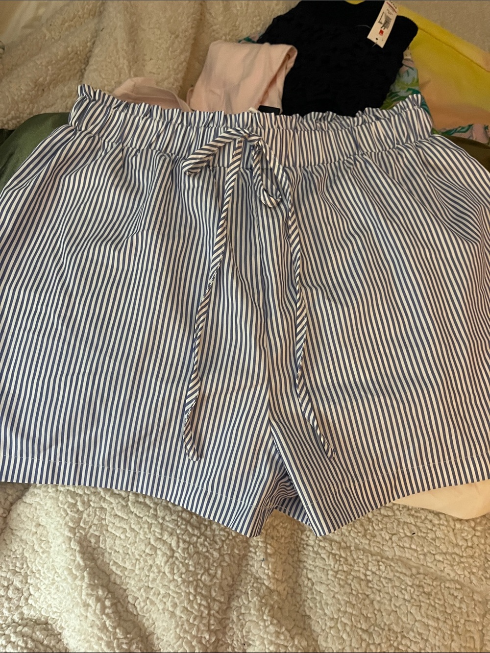 SHEIN Blue and White High Waist Striped Drawstring Shorts
